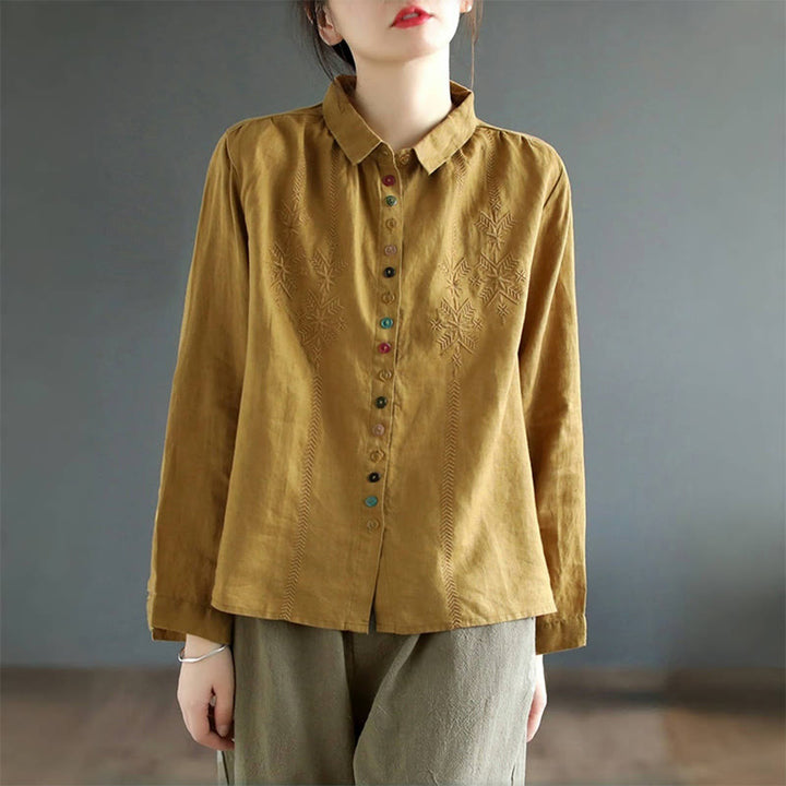 Camicia da donna in cotone e lino con etichetta a bottone colorato e maniche lunghe con ricamo primaverile Buddha Stones