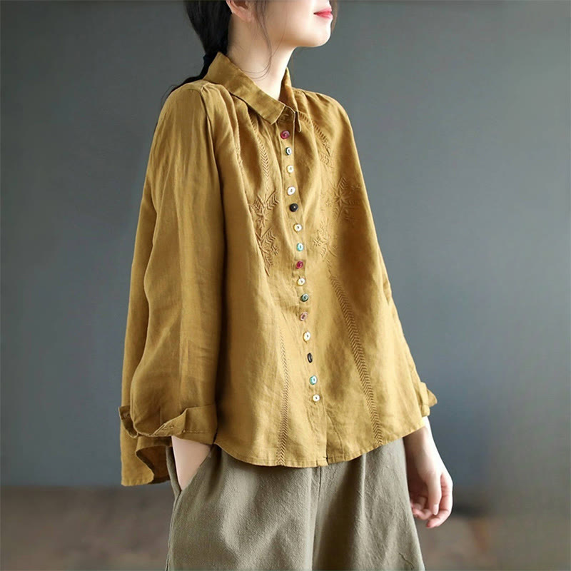 Camicia da donna in cotone e lino con etichetta a bottone colorato e maniche lunghe con ricamo primaverile Buddha Stones