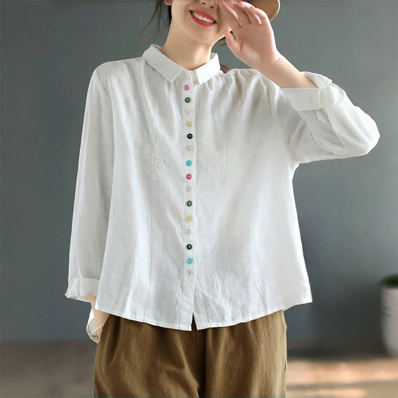 Camicia da donna in cotone e lino con etichetta a bottone colorato e maniche lunghe con ricamo primaverile Buddha Stones