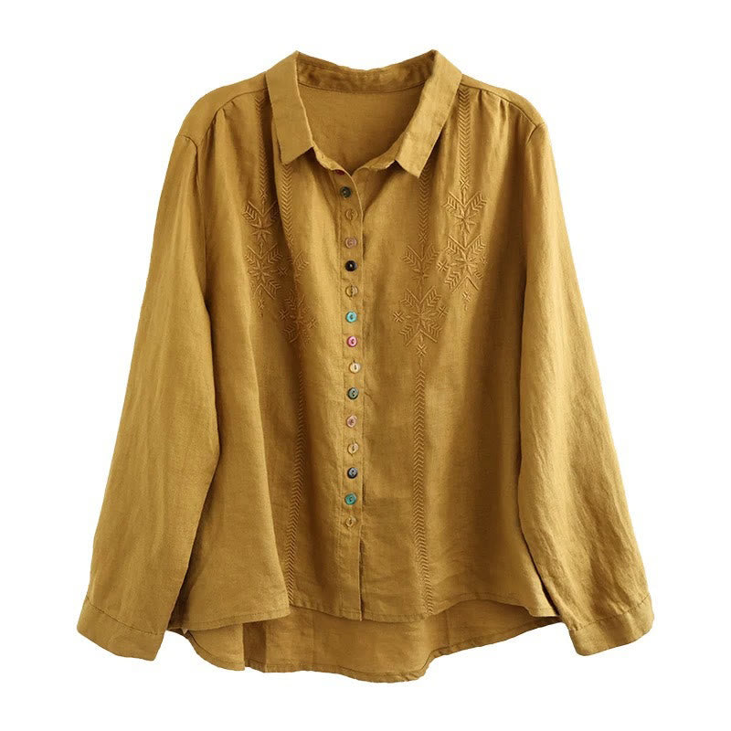 Camicia da donna in cotone e lino con etichetta a bottone colorato e maniche lunghe con ricamo primaverile Buddha Stones