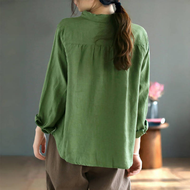 Camicia da donna in cotone e lino con etichetta a bottone colorato e maniche lunghe con ricamo primaverile Buddha Stones