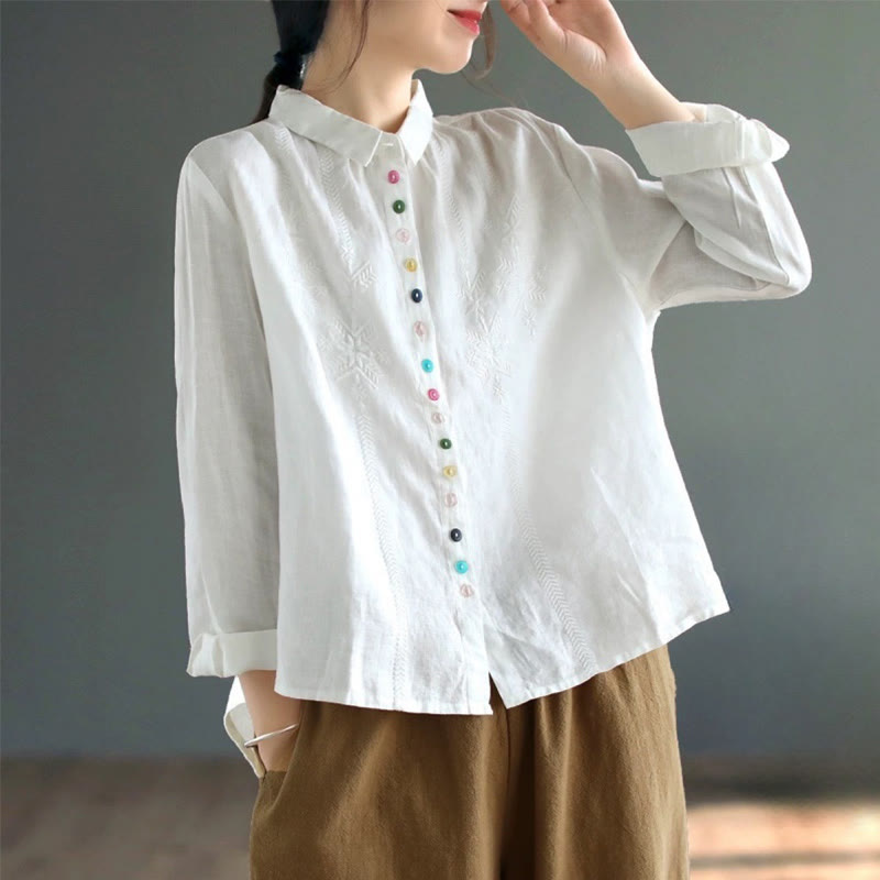Camicia da donna in cotone e lino con etichetta a bottone colorato e maniche lunghe con ricamo primaverile Buddha Stones