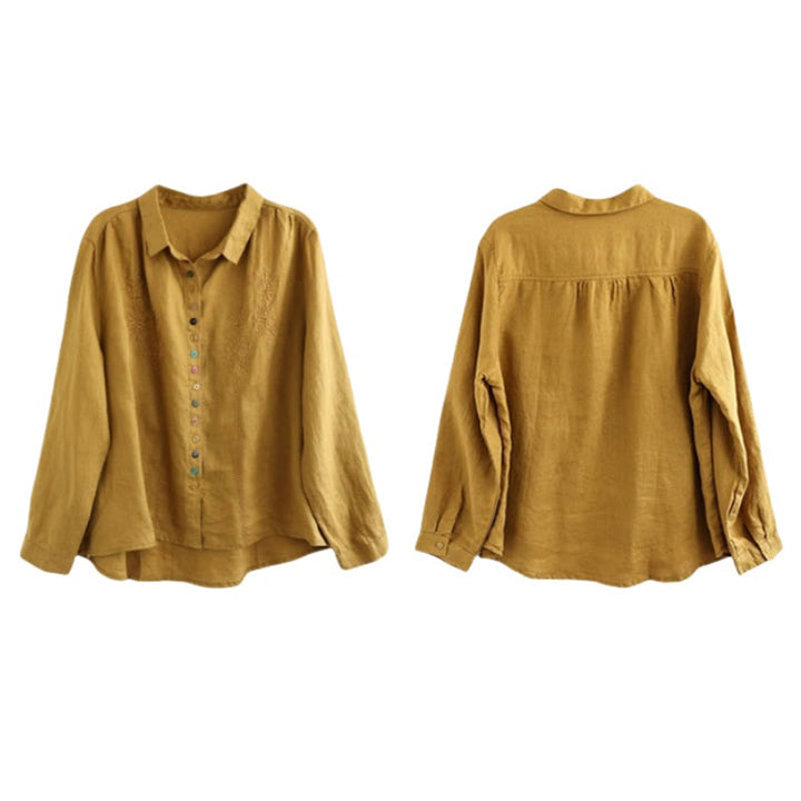 Camicia da donna in cotone e lino con etichetta a bottone colorato e maniche lunghe con ricamo primaverile Buddha Stones