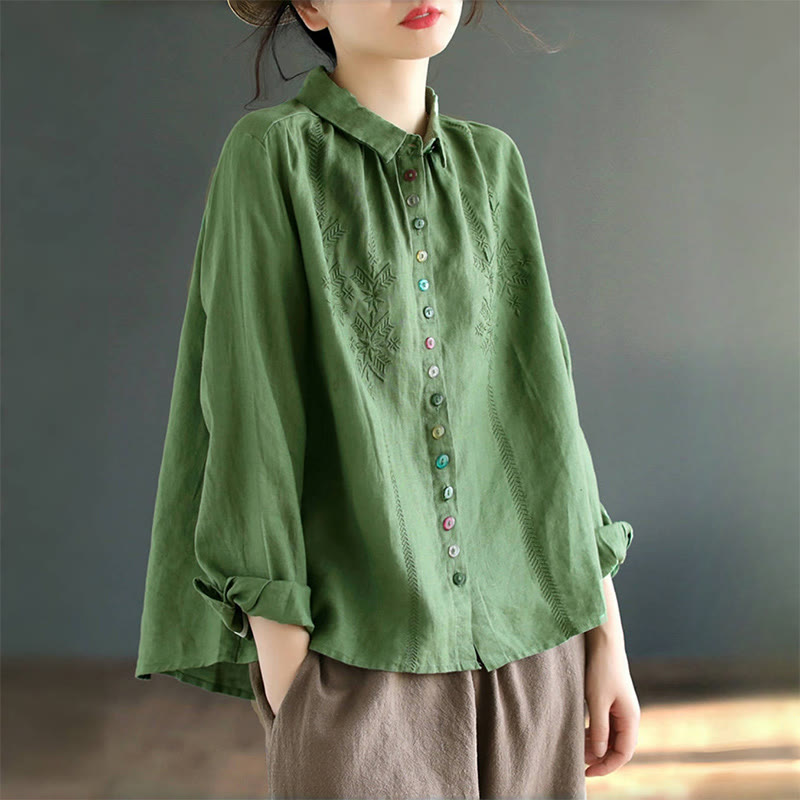 Camicia da donna in cotone e lino con etichetta a bottone colorato e maniche lunghe con ricamo primaverile Buddha Stones