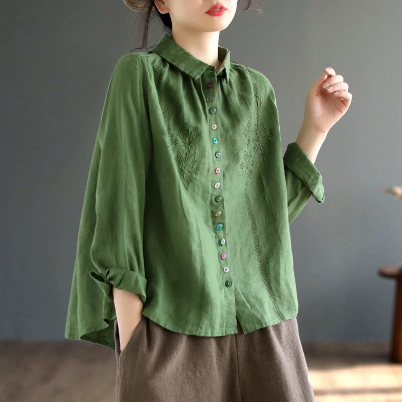 Camicia da donna in cotone e lino con etichetta a bottone colorato e maniche lunghe con ricamo primaverile Buddha Stones