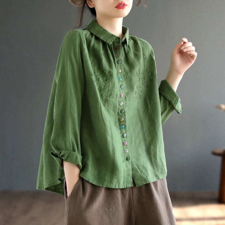 Camicia da donna in cotone e lino con etichetta a bottone colorato e maniche lunghe con ricamo primaverile Buddha Stones