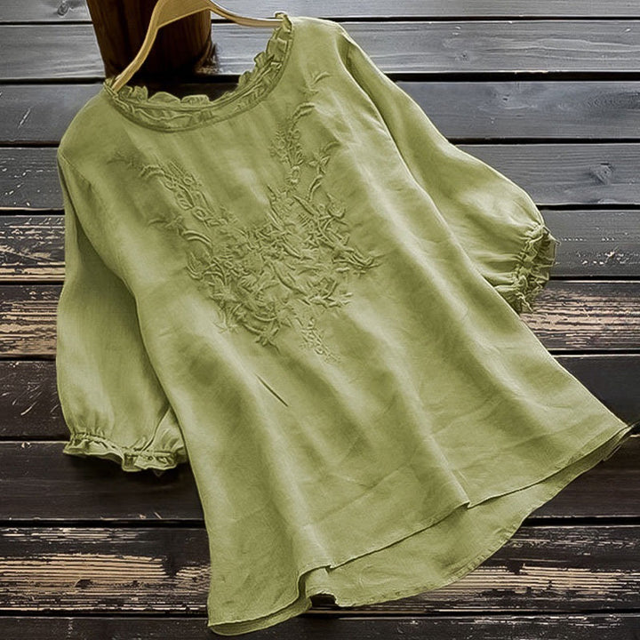 Buddha Stones Casual Ricamo Mezza Manica a Sbuffo Ruffles Girocollo Cotone Lino T-Shirt da Donna - Verde chiaro - US14, UK/AU18, EU46 (4XL) - image 0