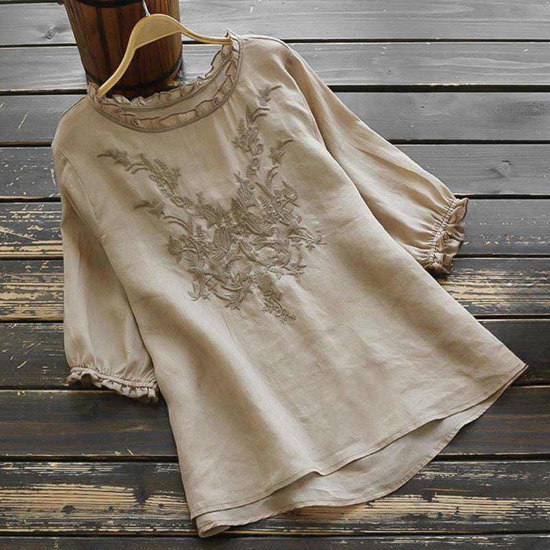 Buddha Stones Casual Ricamo Mezza Manica a Sbuffo Ruffles Girocollo Cotone Lino T-Shirt da Donna - Abbronzatura - US14, UK/AU18, EU46 (4XL) - image 8