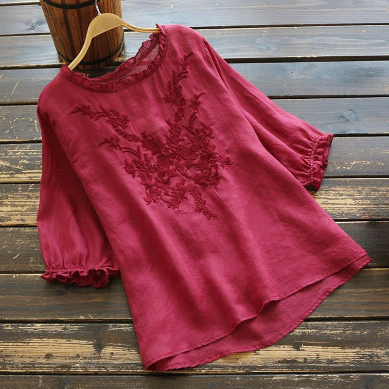 Buddha Stones Casual Ricamo Mezza Manica a Sbuffo Ruffles Girocollo Cotone Lino T-Shirt da Donna - Rosso viola medio - US14, UK/AU18, EU46 (4XL) - image 4