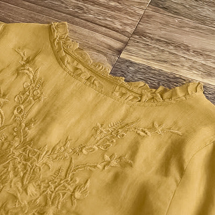Buddha Stones Casual Ricamo Mezza Manica a Sbuffo Ruffles Girocollo Cotone Lino T-Shirt da Donna - image 13