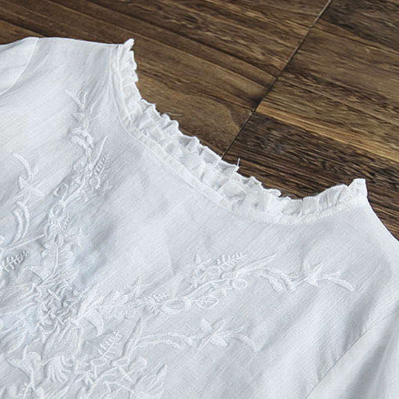 Buddha Stones Casual Ricamo Mezza Manica a Sbuffo Ruffles Girocollo Cotone Lino T-Shirt da Donna - image 2