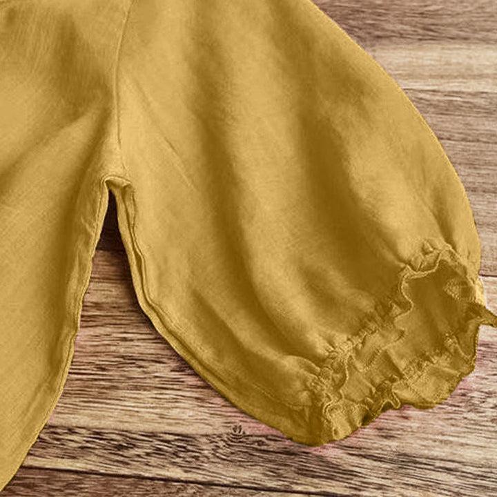 Buddha Stones Casual Ricamo Mezza Manica a Sbuffo Ruffles Girocollo Cotone Lino T-Shirt da Donna - image 14