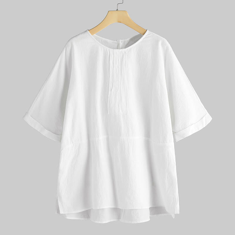 Maglietta da donna con spacco laterale, girocollo, manica corta, casual, estiva, tinta unita, motivo Buddha Stones - FlorealeBianco - US20, UK/AU24, EU52 (5XL) - image 0