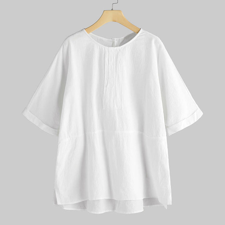 Maglietta da donna con spacco laterale, girocollo, manica corta, casual, estiva, tinta unita, motivo Buddha Stones - FlorealeBianco - US20, UK/AU24, EU52 (5XL) - image 0