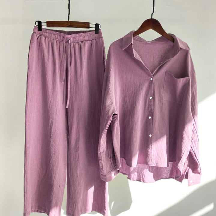Buddha Stones 2 pezzi camicia a maniche lunghe con tasche pantaloni con coulisse meditazione cotone lino abbigliamento da donna set - RossoViolaPale - US20, UK/AU24, EU52 (5XL) - image 13
