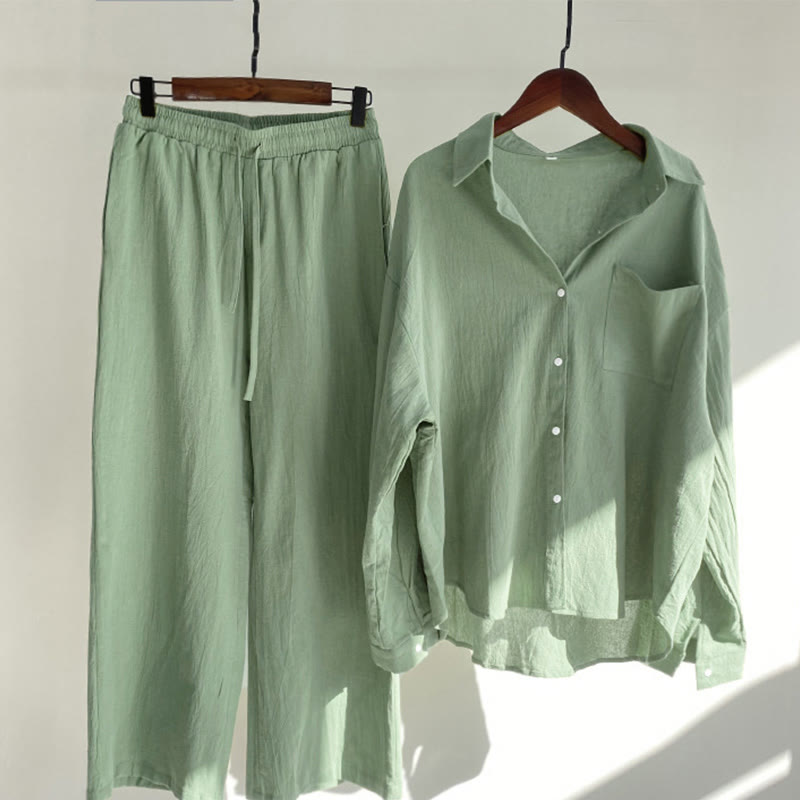 Buddha Stones 2 pezzi camicia a maniche lunghe con tasche pantaloni con coulisse meditazione cotone lino abbigliamento da donna set - Verde chiaro - US20, UK/AU24, EU52 (5XL) - image 11