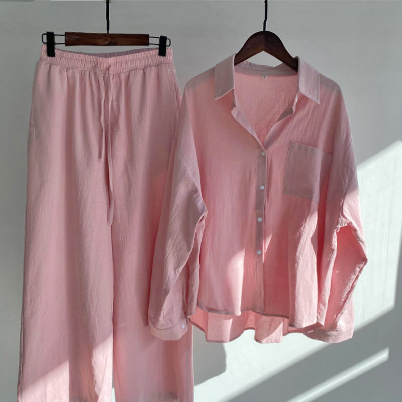 Buddha Stones 2 pezzi camicia a maniche lunghe con tasche pantaloni con coulisse meditazione cotone lino abbigliamento da donna set - Rosa chiaro - US20, UK/AU24, EU52 (5XL) - image 2