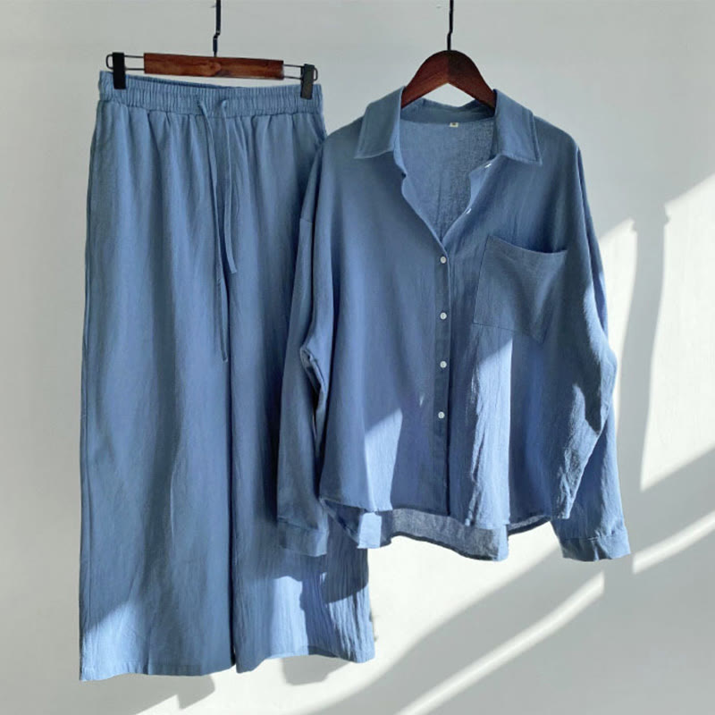 Buddha Stones 2 pezzi camicia a maniche lunghe con tasche pantaloni con coulisse meditazione cotone lino abbigliamento da donna set - Blu Reale - US20, UK/AU24, EU52 (5XL) - image 4