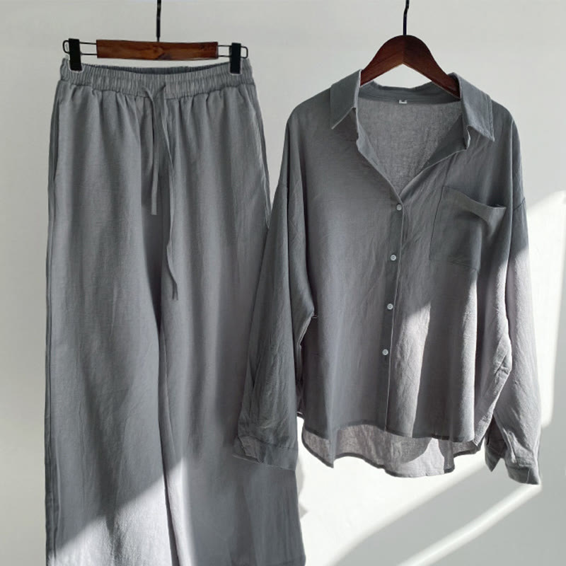 Buddha Stones 2 pezzi camicia a maniche lunghe con tasche pantaloni con coulisse meditazione cotone lino abbigliamento da donna set - Grigio - US20, UK/AU24, EU52 (5XL) - image 12