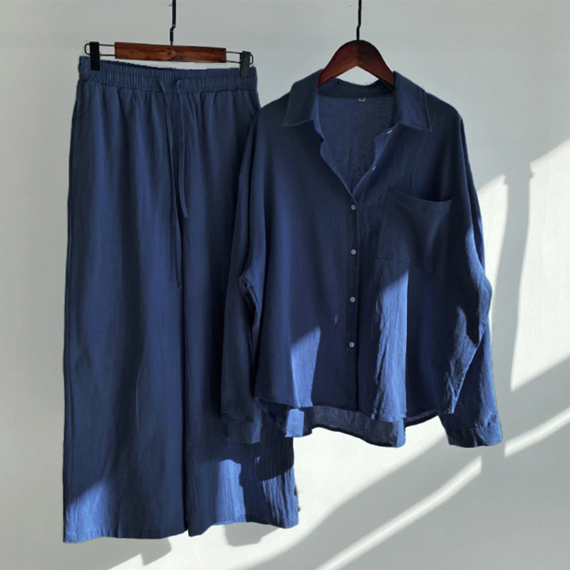 Buddha Stones 2 pezzi camicia a maniche lunghe con tasche pantaloni con coulisse meditazione cotone lino abbigliamento da donna set - Blu scuro - US20, UK/AU24, EU52 (5XL) - image 6