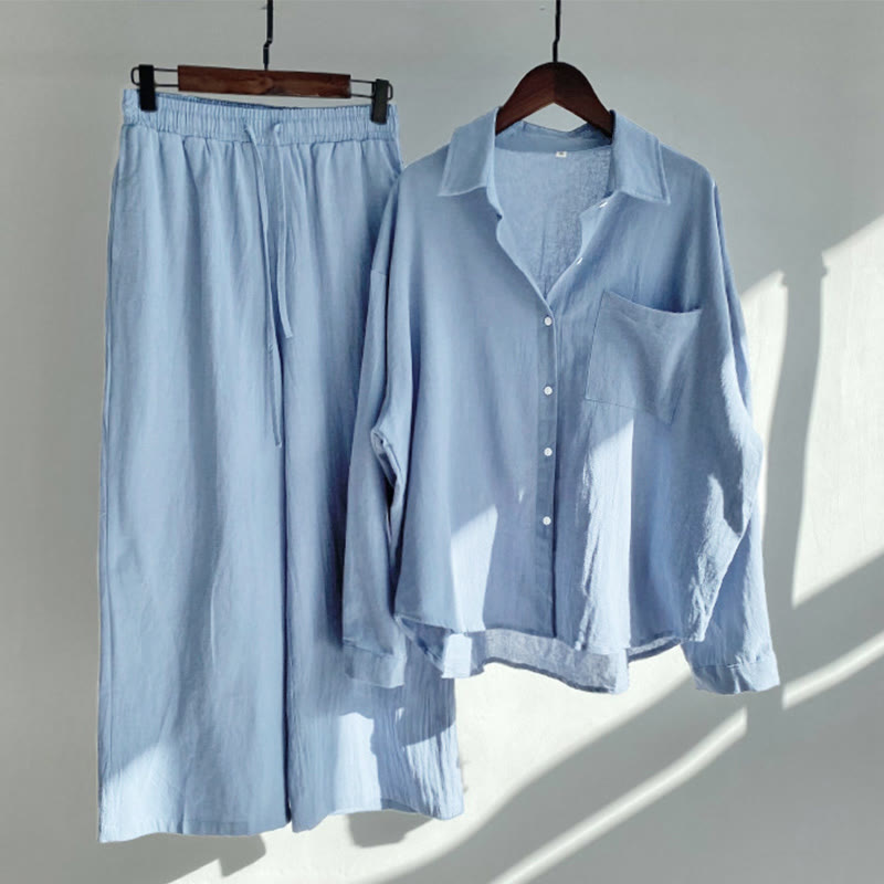 Buddha Stones 2 pezzi camicia a maniche lunghe con tasche pantaloni con coulisse meditazione cotone lino abbigliamento da donna set - Blu acciaio chiaro - US20, UK/AU24, EU52 (5XL) - image 24