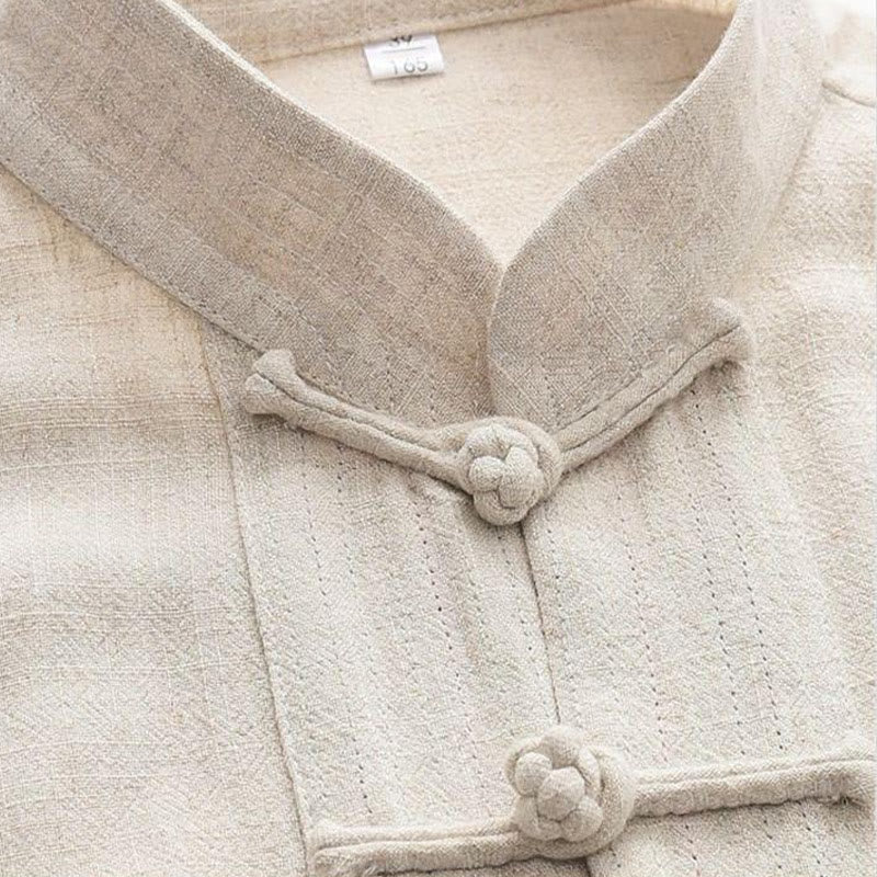 Buddha Stones 2 pezzi Tang Suit Frog-Bottone Camicia a maniche lunghe Pantaloni Lino Cotone Uomo Set