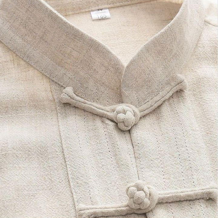 Buddha Stones 2 pezzi Tang Suit Frog-Bottone Camicia a maniche lunghe Pantaloni Lino Cotone Uomo Set