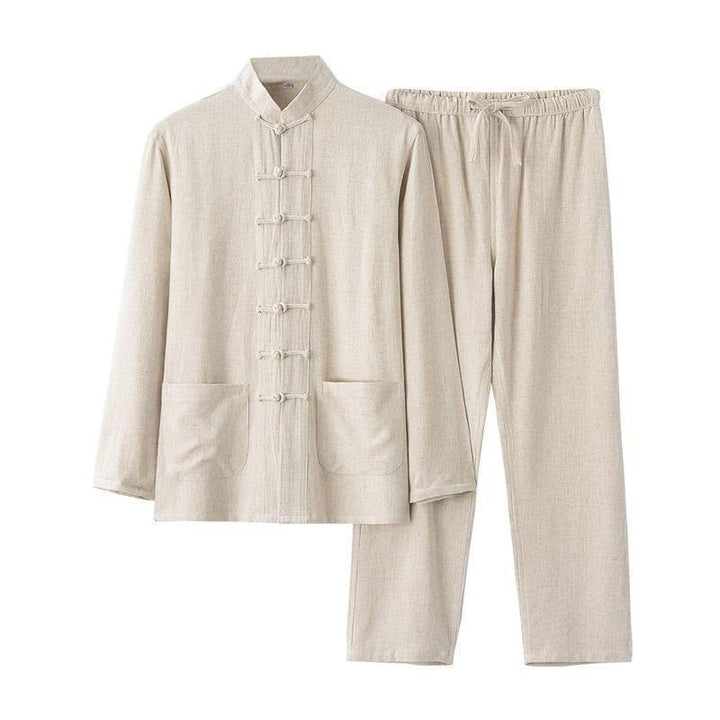 Buddha Stones 2 pezzi Tang Suit Frog-Bottone Camicia a maniche lunghe Pantaloni Lino Cotone Uomo Set