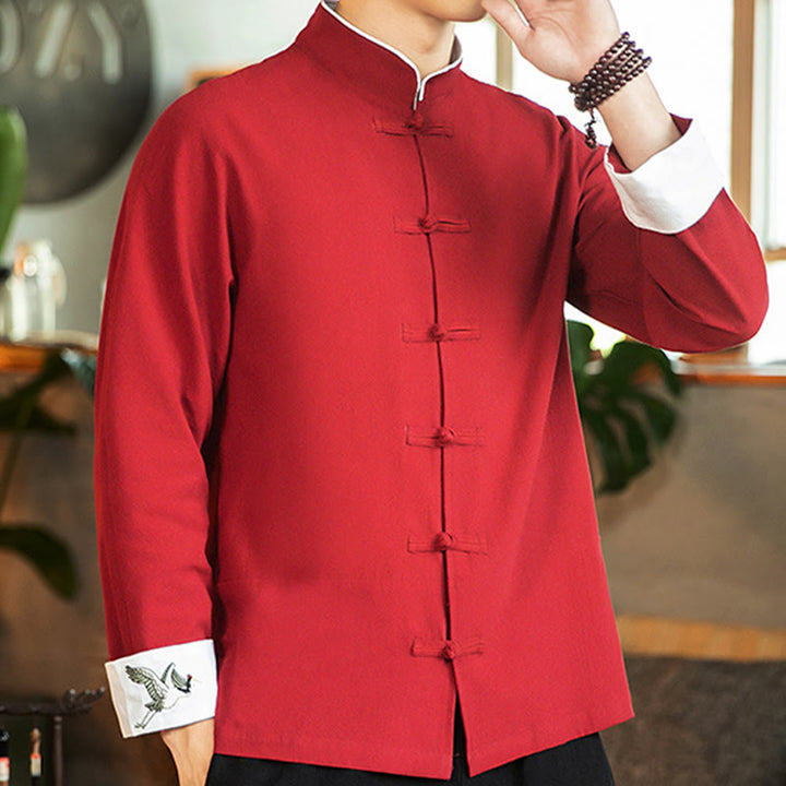 Camicia da uomo in cotone a maniche lunghe con ricamo a gru, bottoni a rana, abito Tang con Buddha Stones