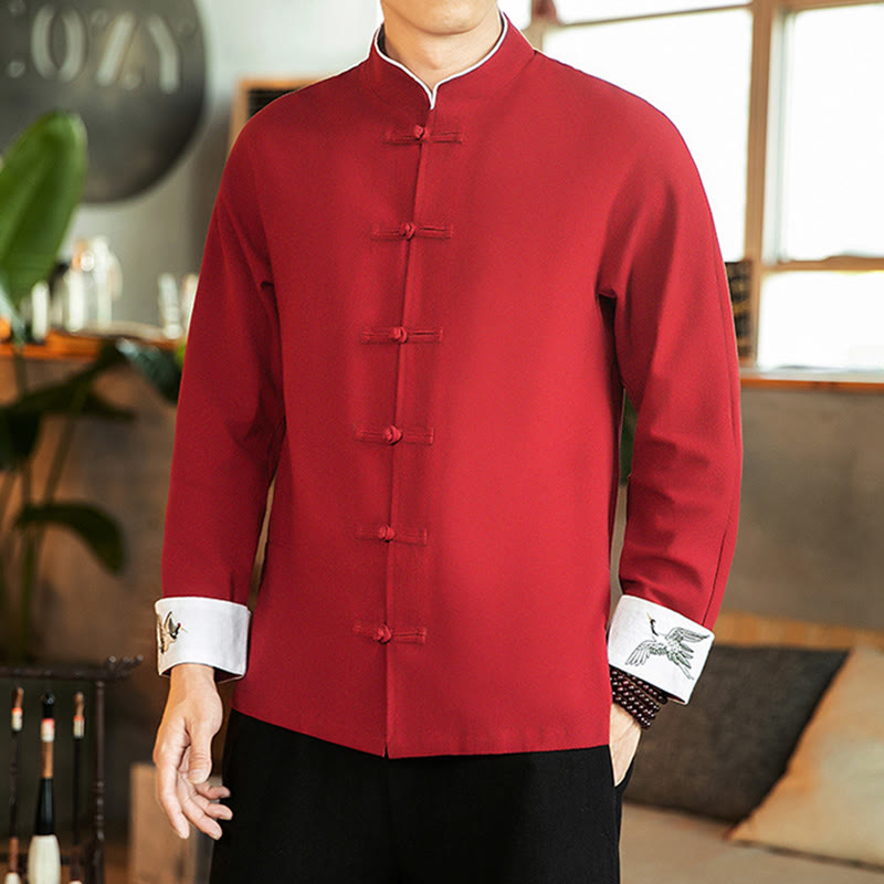 Camicia da uomo in cotone a maniche lunghe con ricamo a gru, bottoni a rana, abito Tang con Buddha Stones