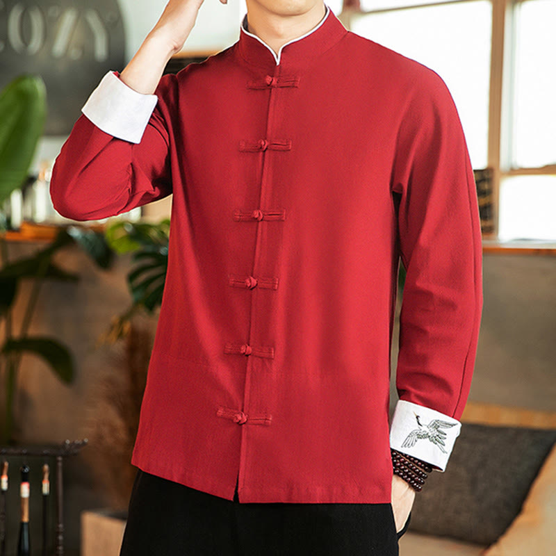 Camicia da uomo in cotone a maniche lunghe con ricamo a gru, bottoni a rana, abito Tang con Buddha Stones
