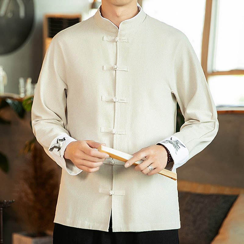 Camicia da uomo in cotone a maniche lunghe con ricamo a gru, bottoni a rana, abito Tang con Buddha Stones
