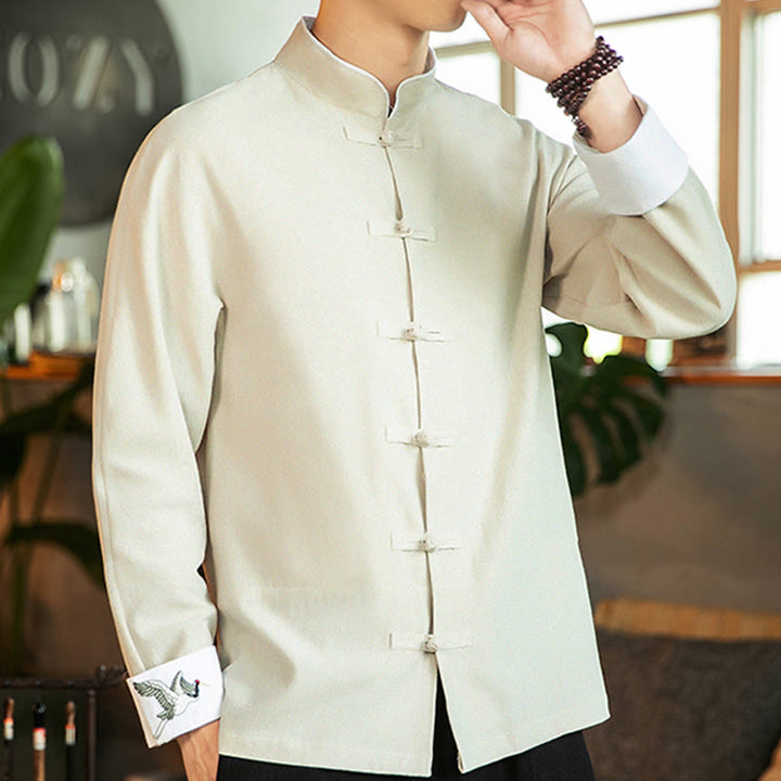 Camicia da uomo in cotone a maniche lunghe con ricamo a gru, bottoni a rana, abito Tang con Buddha Stones - image 11