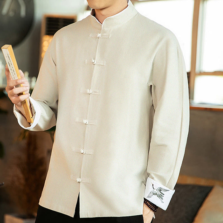 Camicia da uomo in cotone a maniche lunghe con ricamo a gru, bottoni a rana, abito Tang con Buddha Stones