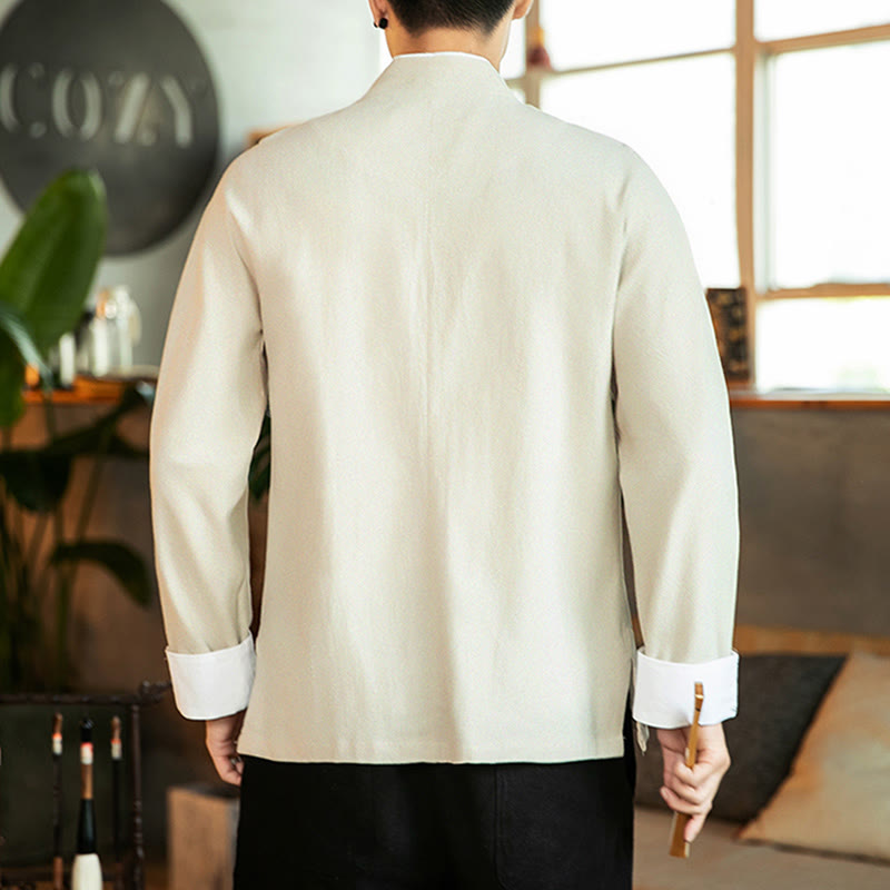 Camicia da uomo in cotone a maniche lunghe con ricamo a gru, bottoni a rana, abito Tang con Buddha Stones