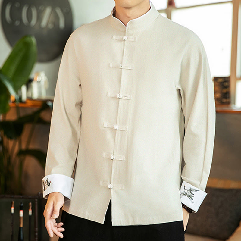 Camicia da uomo in cotone a maniche lunghe con ricamo a gru, bottoni a rana, abito Tang con Buddha Stones