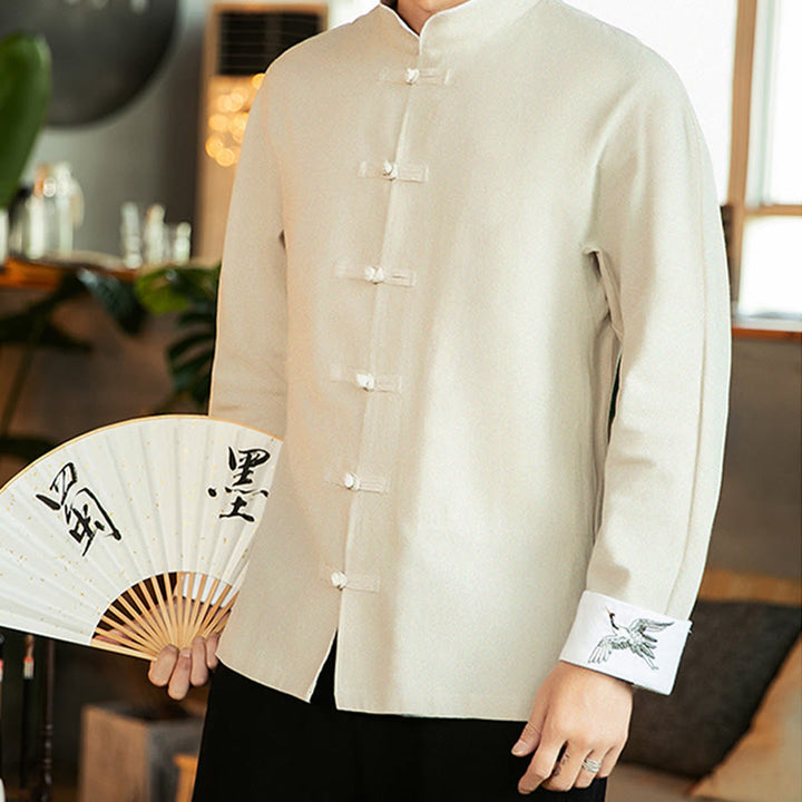 Camicia da uomo in cotone a maniche lunghe con ricamo a gru, bottoni a rana, abito Tang con Buddha Stones