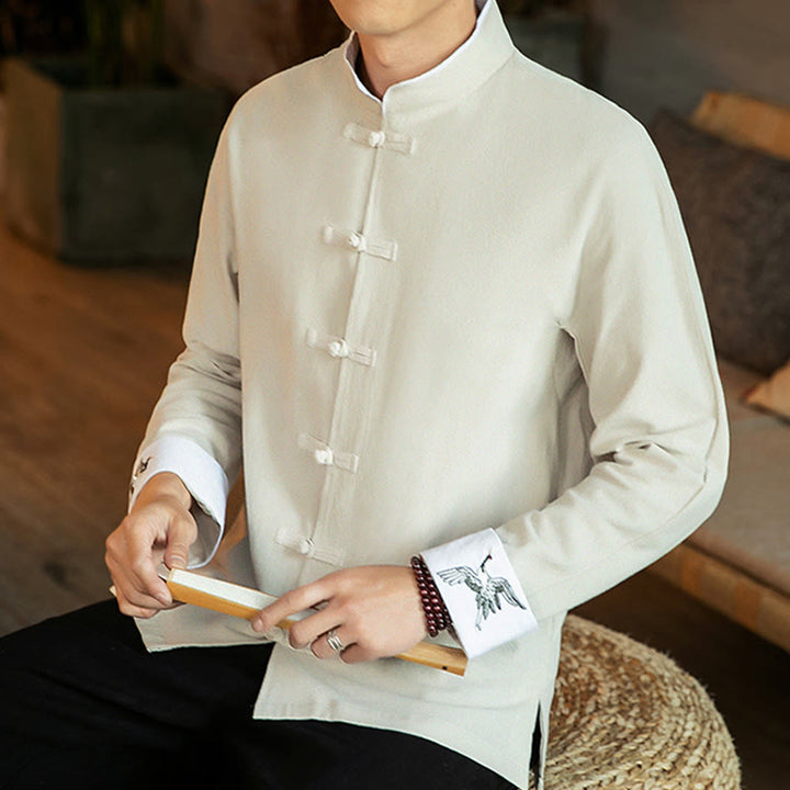 Camicia da uomo in cotone a maniche lunghe con ricamo a gru, bottoni a rana, abito Tang con Buddha Stones
