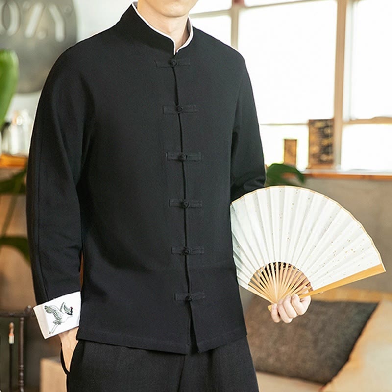 Camicia da uomo in cotone a maniche lunghe con ricamo a gru, bottoni a rana, abito Tang con Buddha Stones