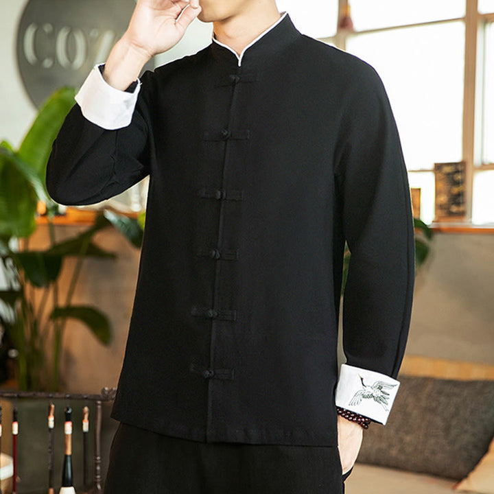 Camicia da uomo in cotone a maniche lunghe con ricamo a gru, bottoni a rana, abito Tang con Buddha Stones - image 17