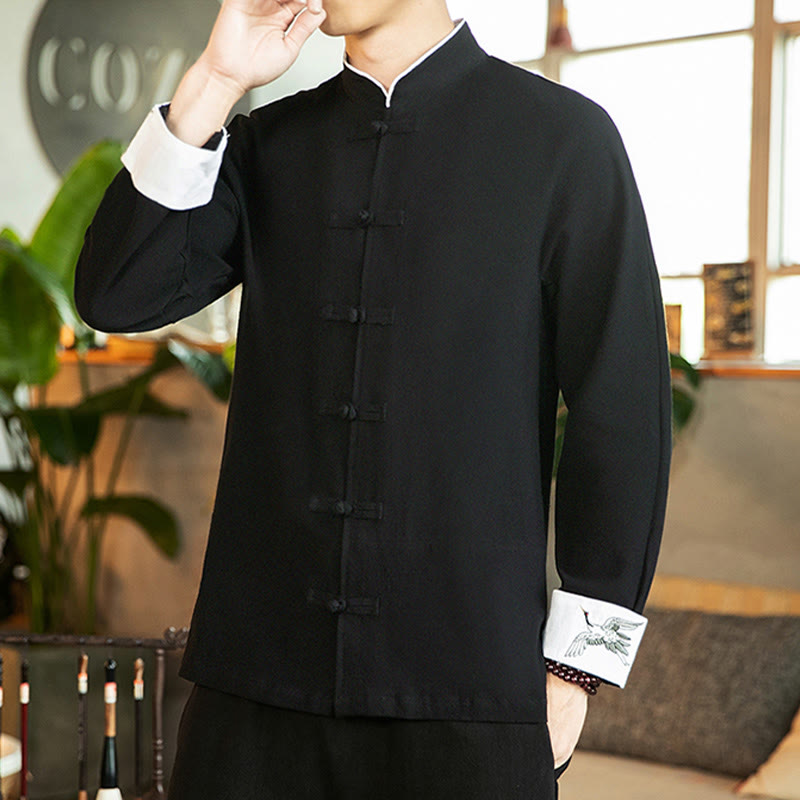 Camicia da uomo in cotone a maniche lunghe con ricamo a gru, bottoni a rana, abito Tang con Buddha Stones