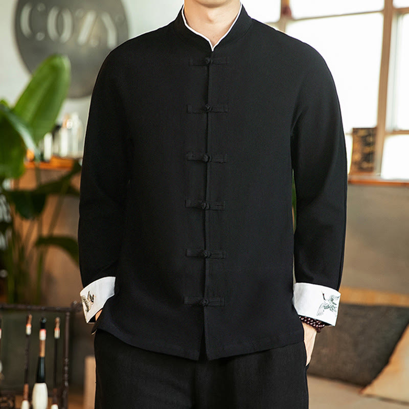 Camicia da uomo in cotone a maniche lunghe con ricamo a gru, bottoni a rana, abito Tang con Buddha Stones