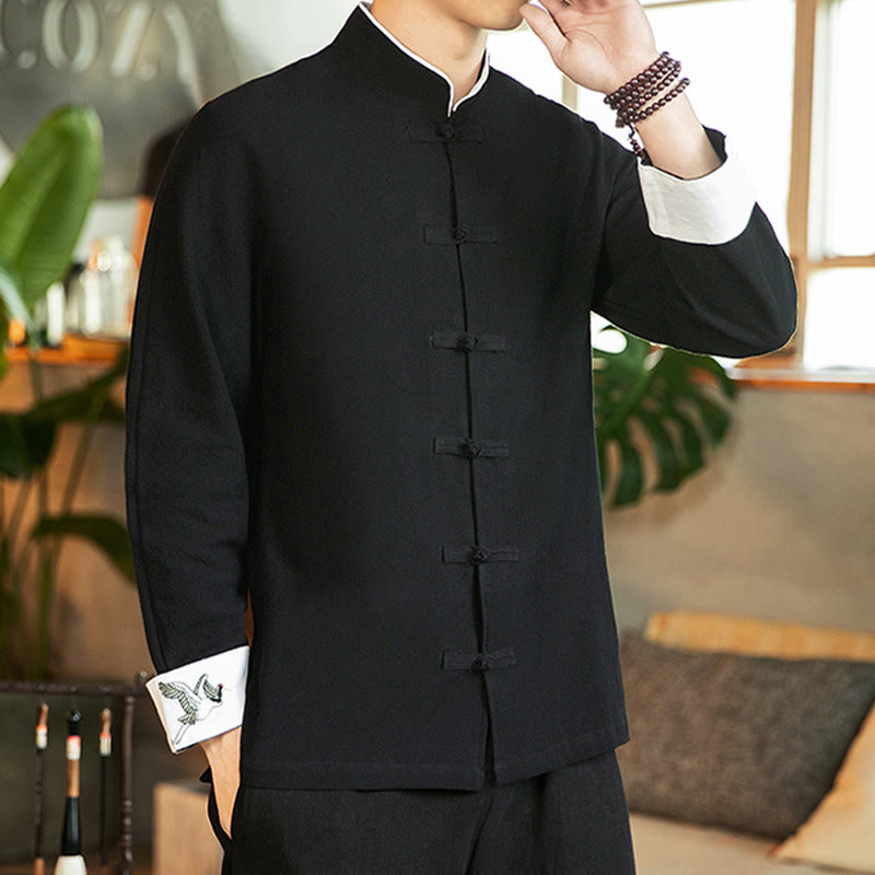 Camicia da uomo in cotone a maniche lunghe con ricamo a gru, bottoni a rana, abito Tang con Buddha Stones