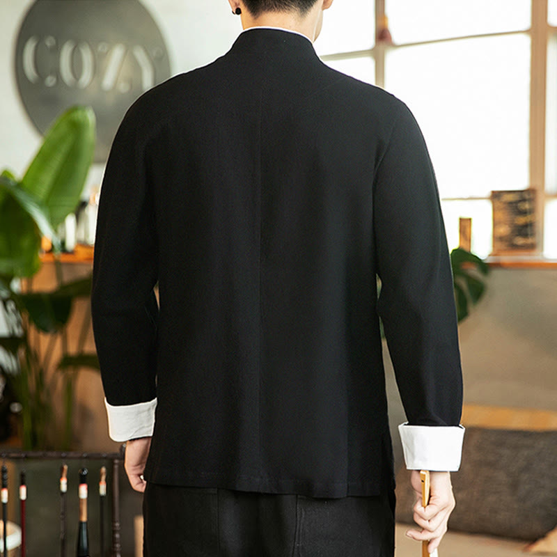 Camicia da uomo in cotone a maniche lunghe con ricamo a gru, bottoni a rana, abito Tang con Buddha Stones