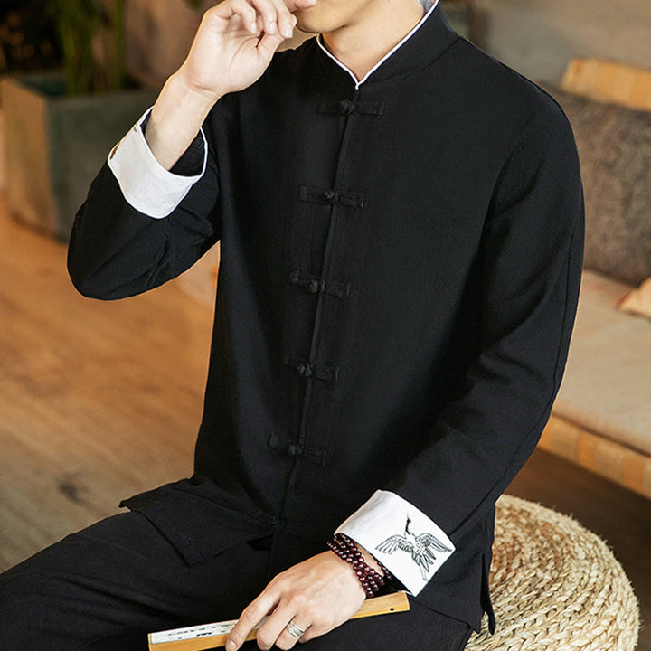 Camicia da uomo in cotone a maniche lunghe con ricamo a gru, bottoni a rana, abito Tang con Buddha Stones - image 23