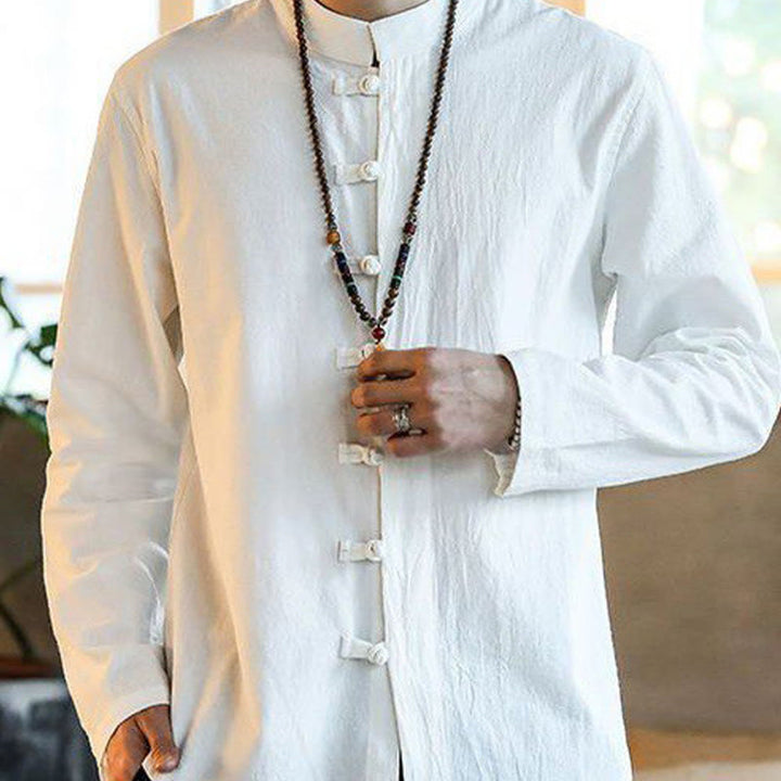 Camicia da uomo in lino con colletto alla coreana e bottoni a forma di rana, manica lunga, stile tang, motivo Buddha Stones