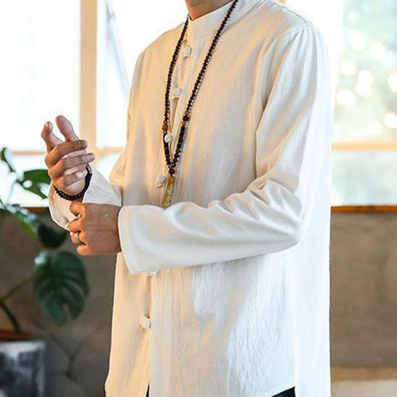 Camicia da uomo in lino con colletto alla coreana e bottoni a forma di rana, manica lunga, stile tang, motivo Buddha Stones - image 3