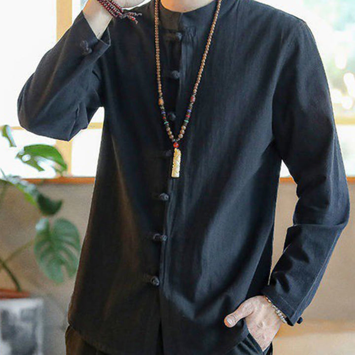 Camicia da uomo in lino con colletto alla coreana e bottoni a forma di rana, manica lunga, stile tang, motivo Buddha Stones