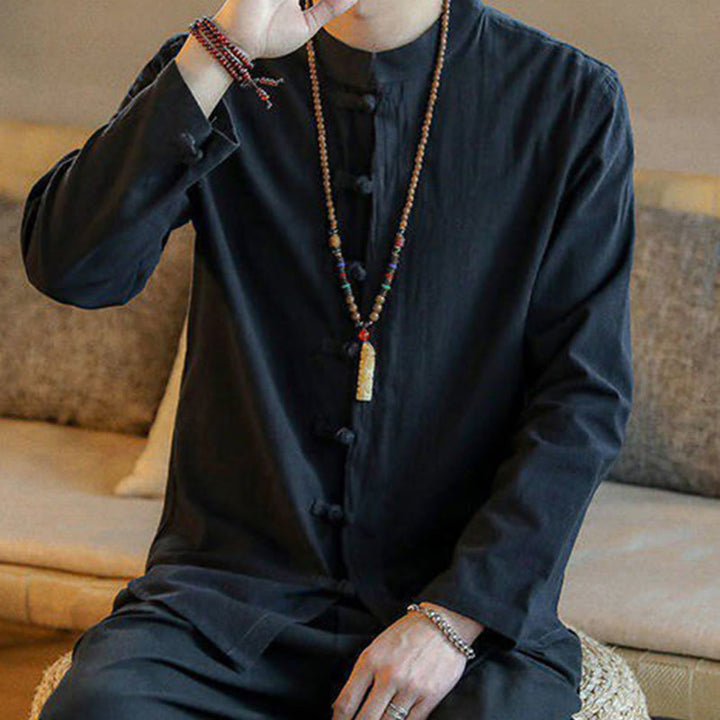 Camicia da uomo in lino con colletto alla coreana e bottoni a forma di rana, manica lunga, stile tang, motivo Buddha Stones