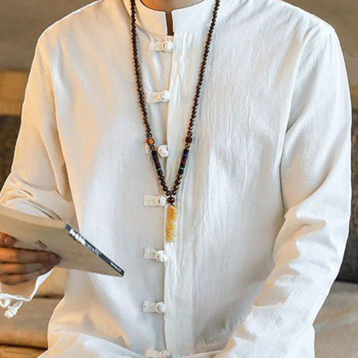 Camicia da uomo in lino con colletto alla coreana e bottoni a forma di rana, manica lunga, stile tang, motivo Buddha Stones - image 4